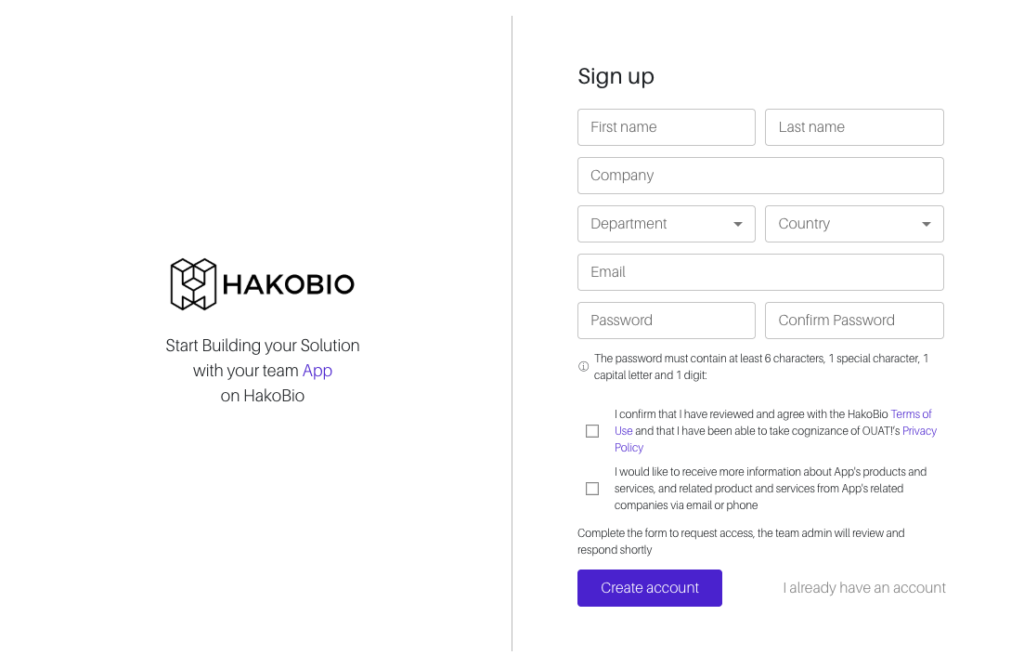 Sign up form HakoBio Demo Platform